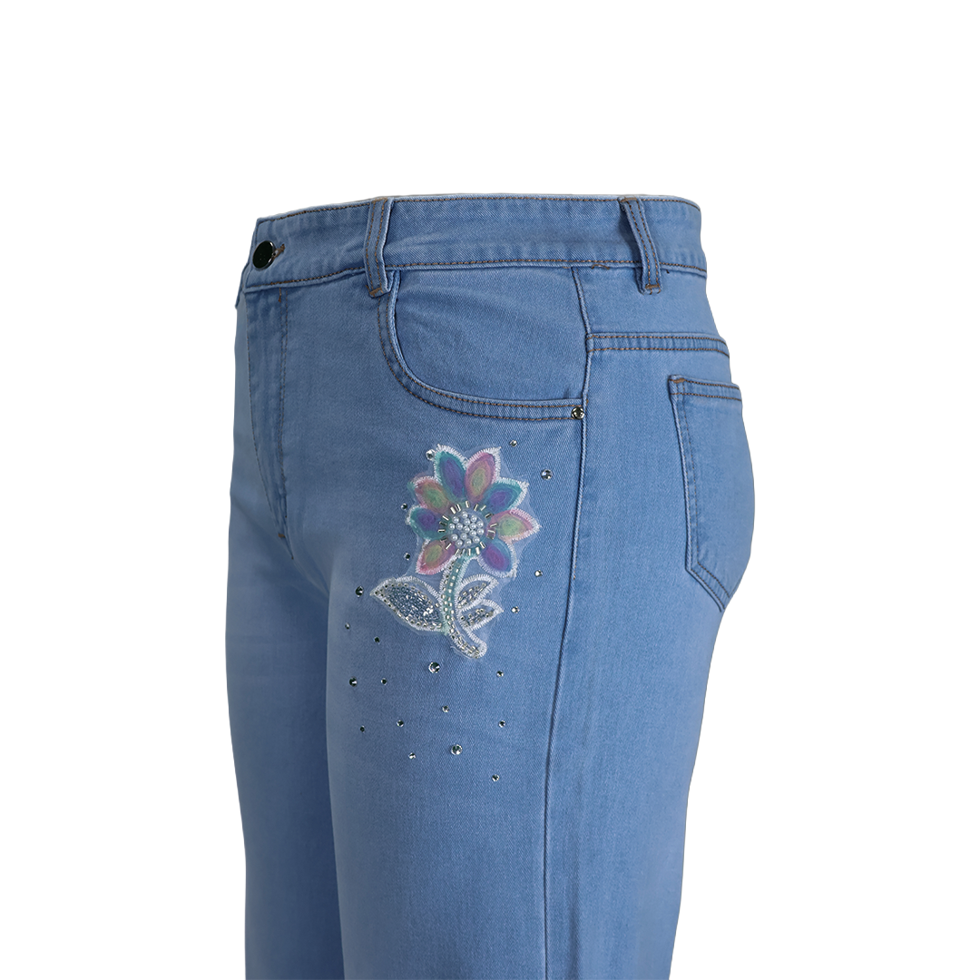 Multi Color Flower Stone Work Straight Fit Jeans